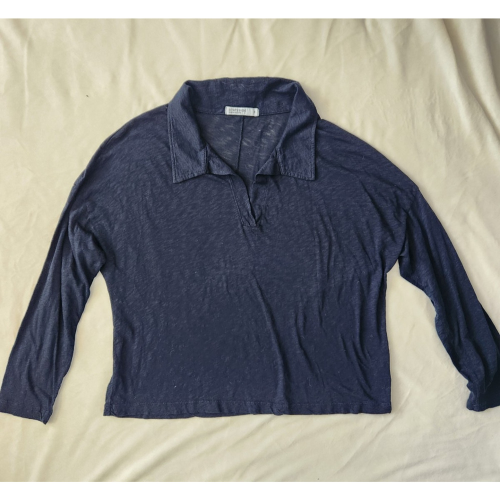 Stateside 100% Supima Cotton Navy Long Sleeve Collared Top Made in USA Sz Medium